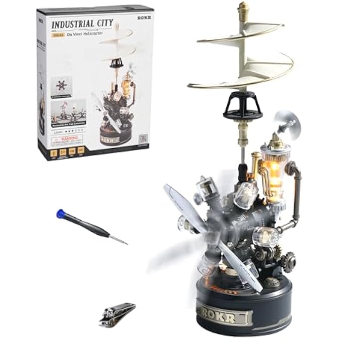 3D PUZZLE PLASTIC METAL MECHANICAL 3D MODEL KITS FOR ADULTS TO BUILD, DIY CRAFTS GIFTS, INDUSTRIAL CITY (RETRO HELICOPTER) - Image 1